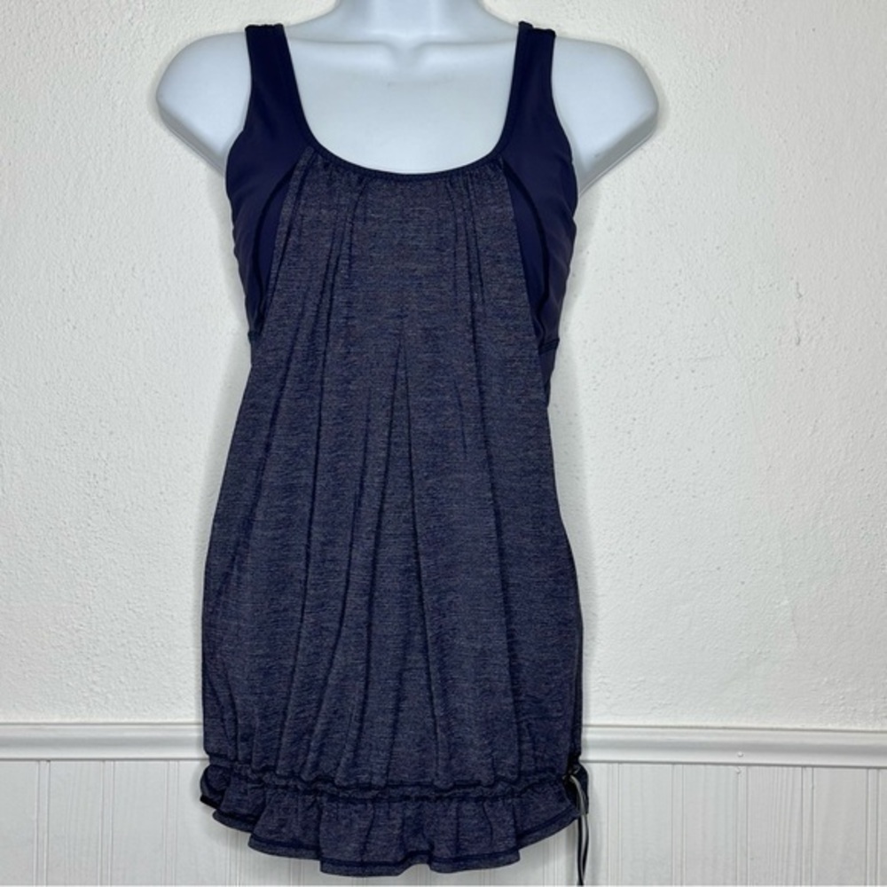 Lululemon tank top built in shelf bra drawstring cinch navy blue heather size 6
